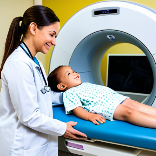 A calm, happy young child, fully clothed in comfortable, modest attire, lying still on a state-of-the-art medical imaging bed within a brightly lit, clean, and modern pediatric radiology room. A professional, female pediatric radiologist, dressed in a clean lab coat and professional scrubs, gently interacts with the child from a control panel, ensuring a low-dose protocol is active. The room features soft lighting, child-friendly decor, and advanced imaging equipment designed for safety. The atmosphere is reassuring and highly professional. Perfect anatomy, correct proportions, natural pose, well-formed hands, proper finger count, natural body proportions, professional photography, high quality, safe for work, appropriate content, fully clothed, family-friendly.