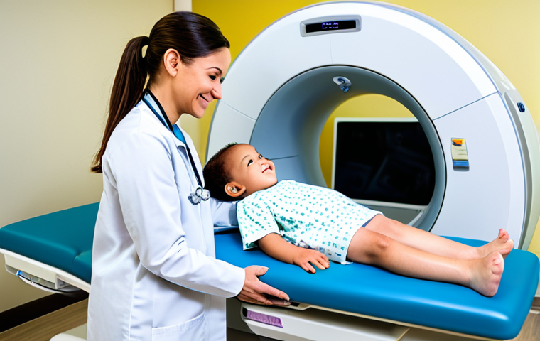 A calm, happy young child, fully clothed in comfortable, modest attire, lying still on a state-of-the-art medical imaging bed within a brightly lit, clean, and modern pediatric radiology room. A professional, female pediatric radiologist, dressed in a clean lab coat and professional scrubs, gently interacts with the child from a control panel, ensuring a low-dose protocol is active. The room features soft lighting, child-friendly decor, and advanced imaging equipment designed for safety. The atmosphere is reassuring and highly professional. Perfect anatomy, correct proportions, natural pose, well-formed hands, proper finger count, natural body proportions, professional photography, high quality, safe for work, appropriate content, fully clothed, family-friendly.