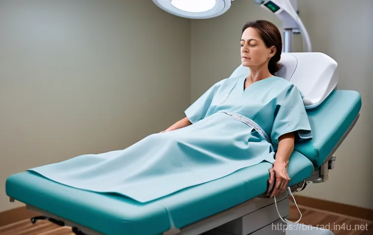 방사선 치료 기간과 효과 - **Prompt: "A serene and modern radiation therapy room. A female patient, in her 40s, lies comfortabl...