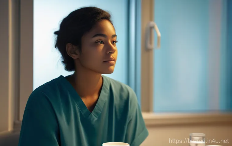 MRI 검사 후 회복 시간 - **Prompt:** A young adult, wearing comfortable, modest casual clothes, sits gently in a softly lit, ...