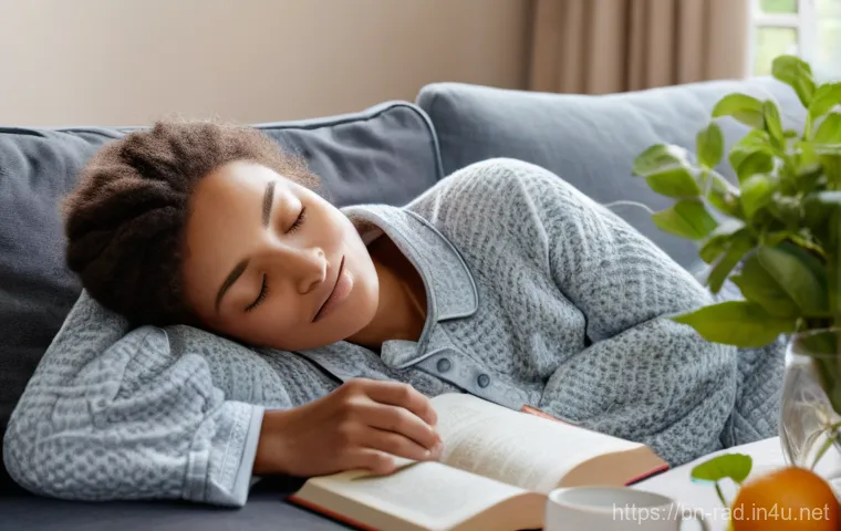 MRI 검사 후 회복 시간 - **Prompt:** A young adult, wearing comfortable, modest casual clothes, sits gently in a softly lit, ...