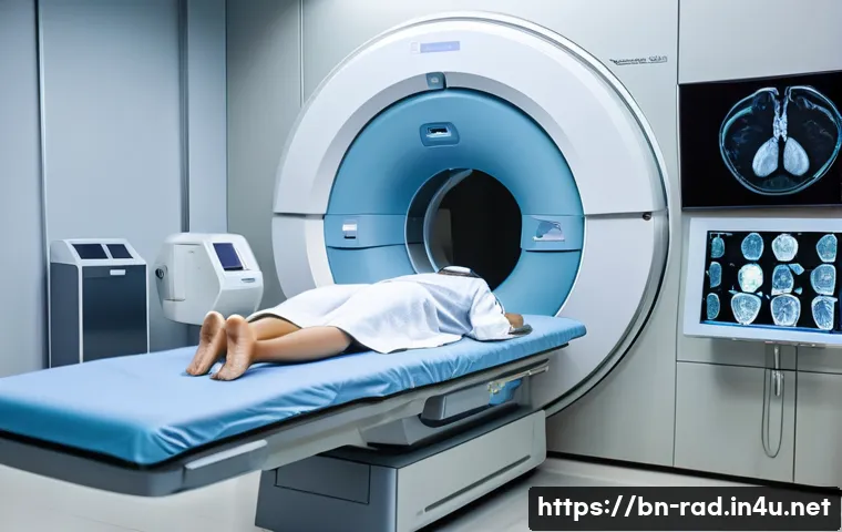 방사선 치료 최신 동향 - A modern cancer treatment room featuring a high-tech CT and MRI scanner with a focus on precise tumo...