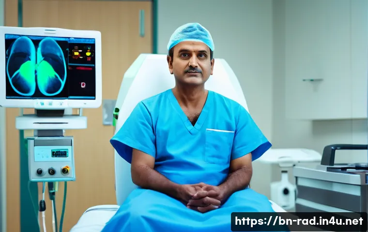 전립선암 방사선 치료 후기 - A middle-aged Bengali man sitting calmly in a modern hospital room, dressed modestly in comfortable ...