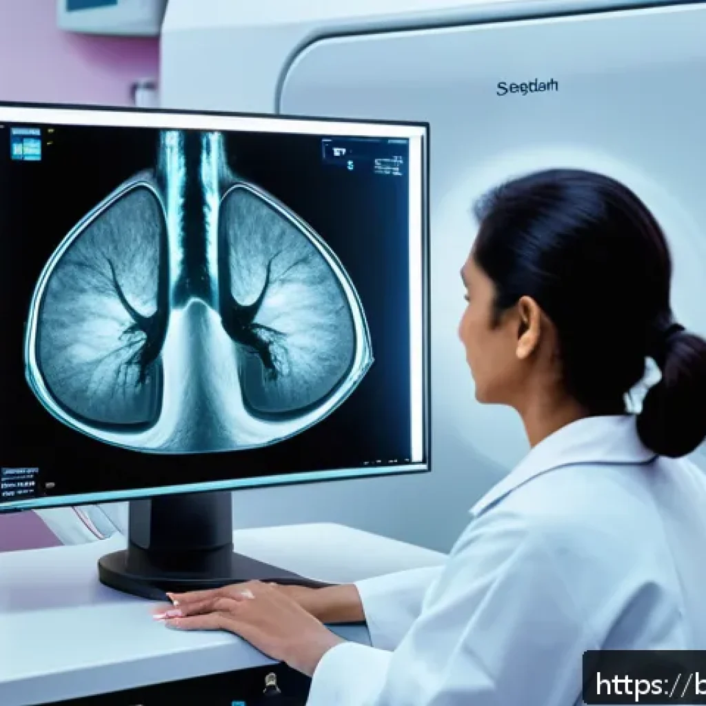 유방암 조기 진단 장비 리뷰 - A detailed digital mammography scene showing a high-tech medical imaging room with advanced 3D tomos...