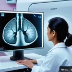 유방암 조기 진단 장비 리뷰 - A detailed digital mammography scene showing a high-tech medical imaging room with advanced 3D tomos...