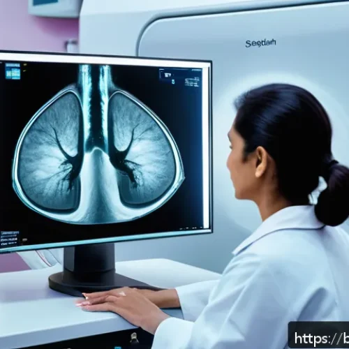 유방암 조기 진단 장비 리뷰 - A detailed digital mammography scene showing a high-tech medical imaging room with advanced 3D tomos...