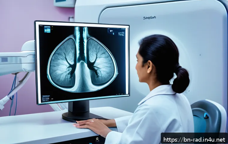 유방암 조기 진단 장비 리뷰 - A detailed digital mammography scene showing a high-tech medical imaging room with advanced 3D tomos...