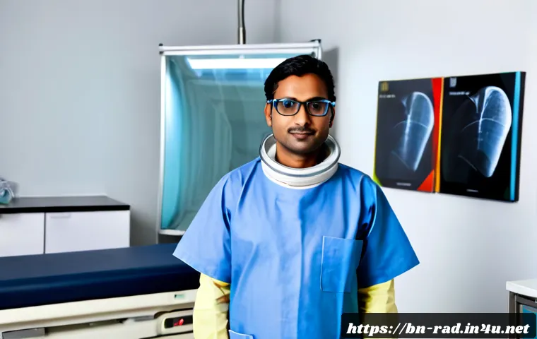 방사선 노출 위험 관리 - Photorealistic hospital imaging room, a South Asian radiologic technologist wearing protective lead ...